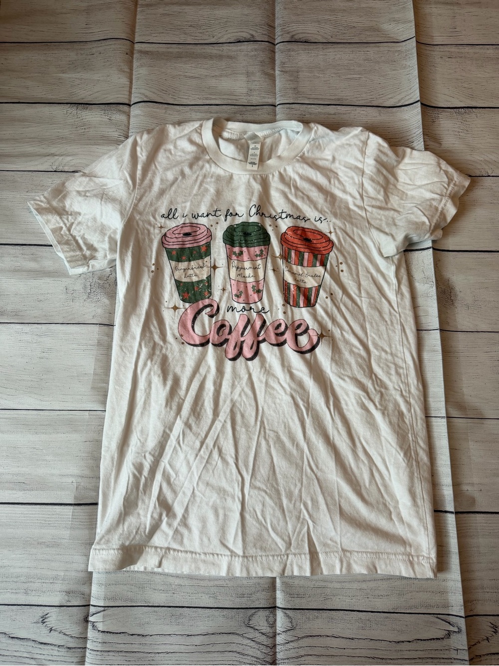 Women's White Graphic Tee with Holiday Coffee Cups